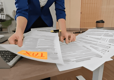 Person sorting papers on office desk